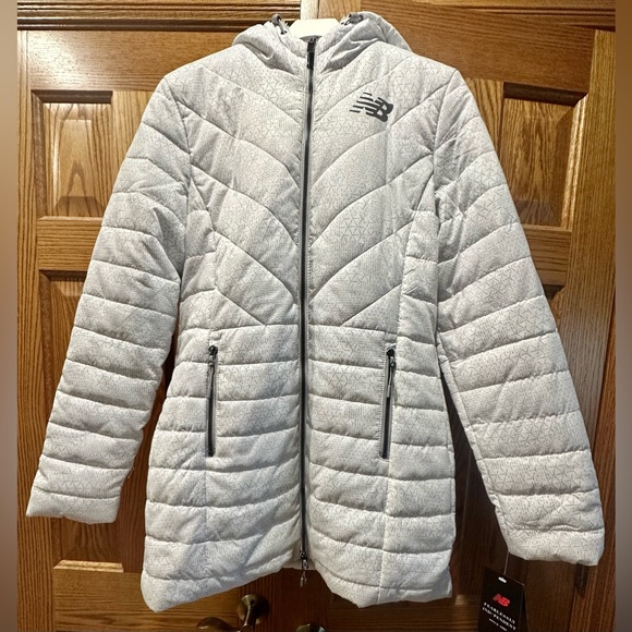 New Balance Long Warm Puffer Coat White Hooded Full Zip with Pockets Size M - Picture 1 of 13